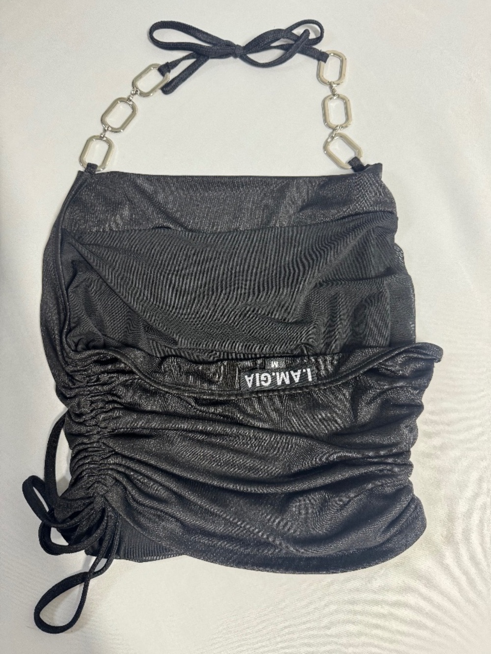I.AM.GIA Black Silver Chain Ruched Halter Top Y2K Size M